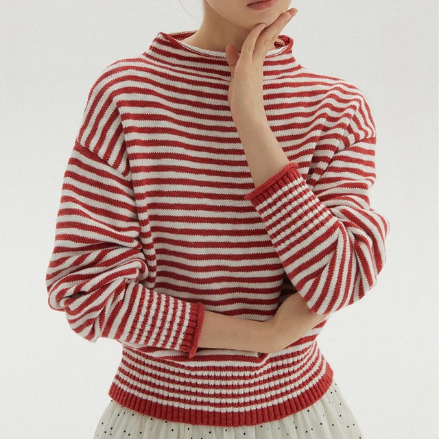 モックネックボーダー ニット  F0006