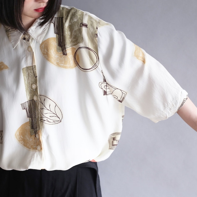art graphic and leaf pattern h/s rayon shirt