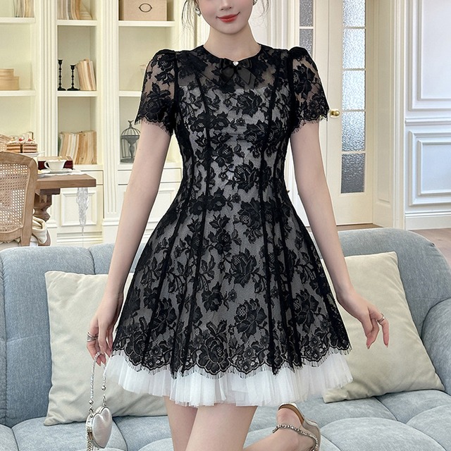 【夕暮薔薇シリーズ】ワンピース レース 目を奪われる レトロ ブラック S M L XL