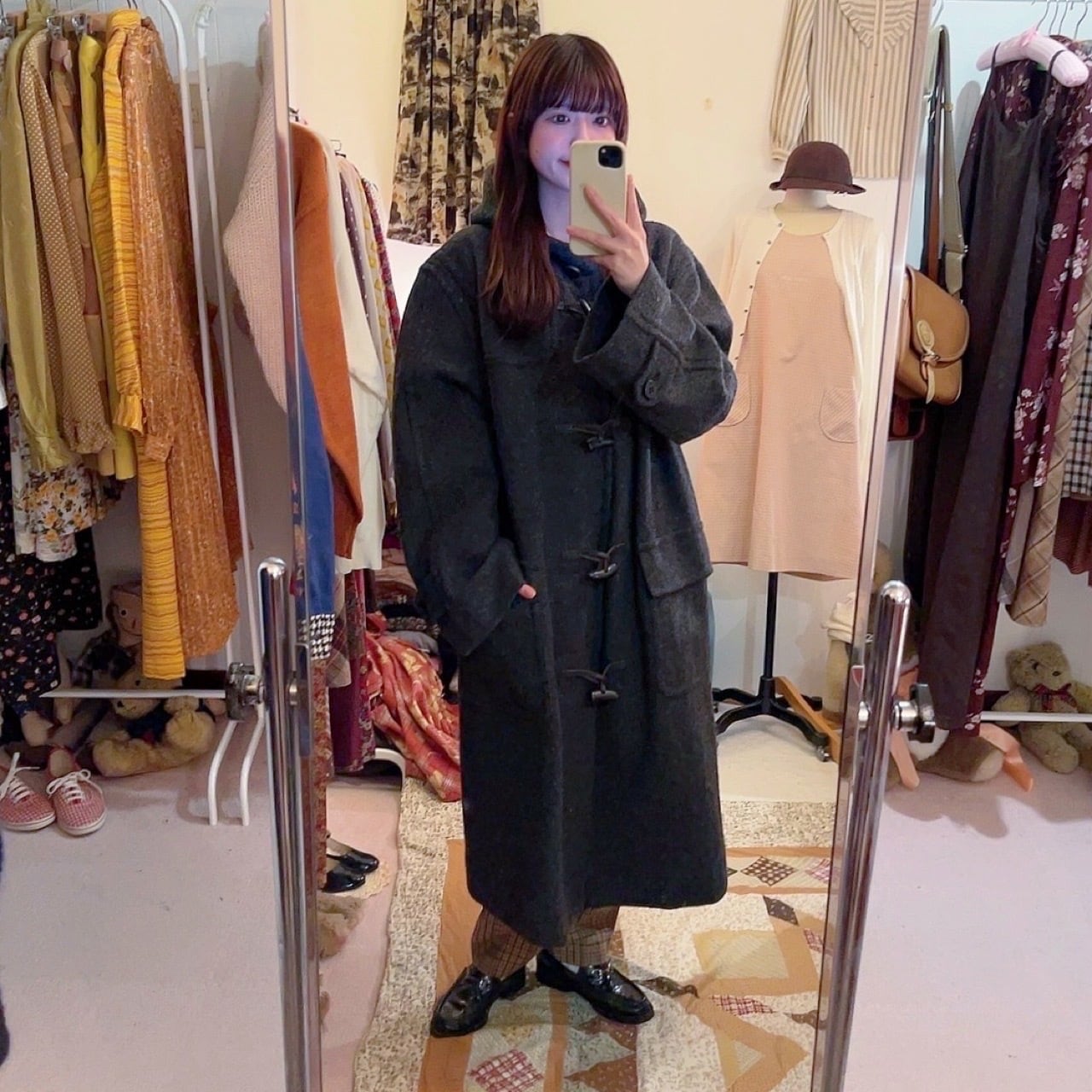 gray big duffle coat