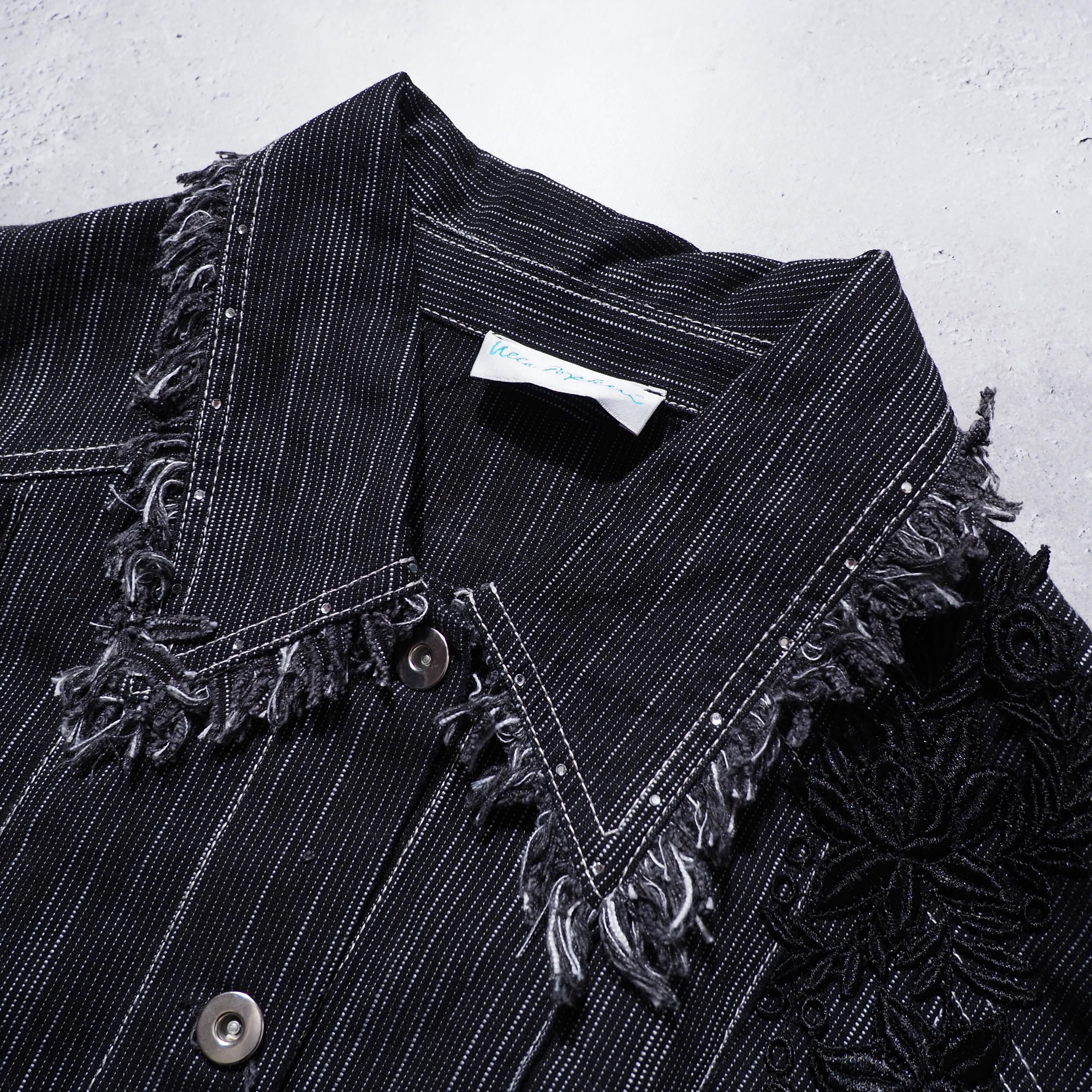 Black mode Fringe × Fower embroidery vintage loose jacket