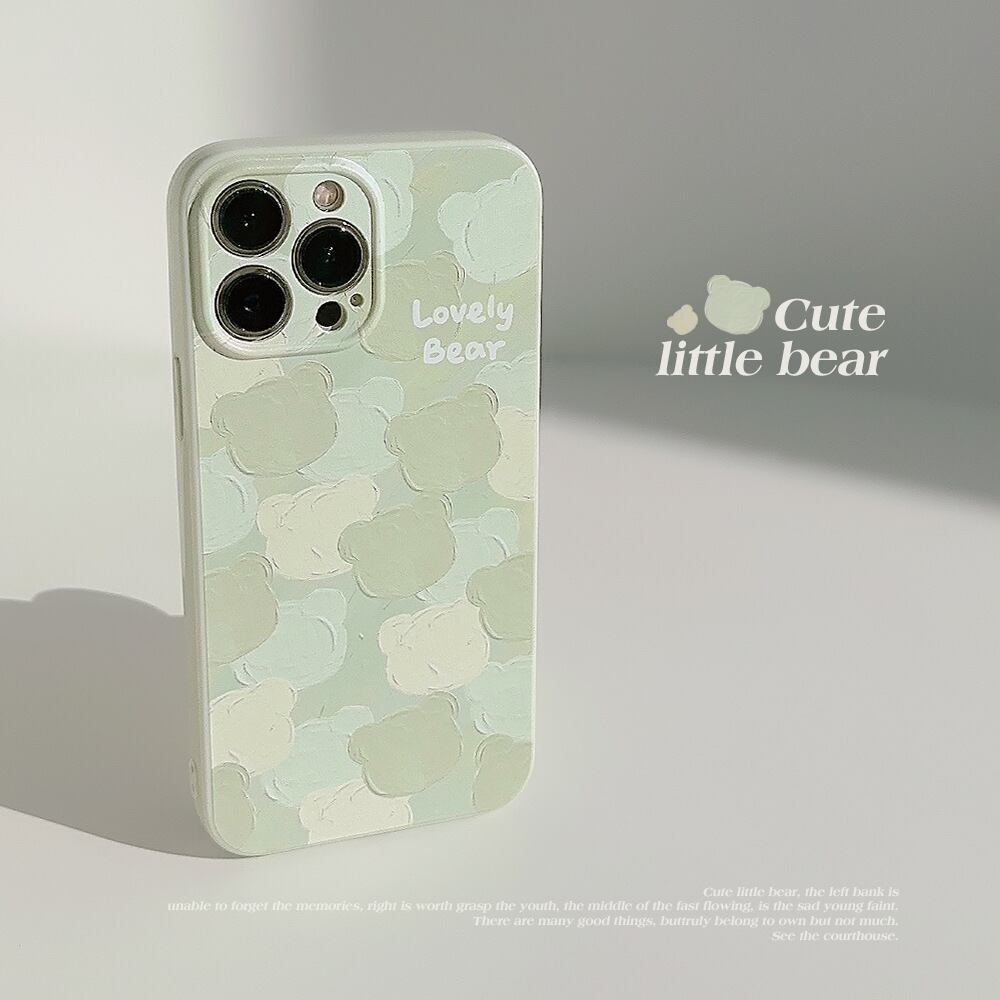 【新型iPhone15対応】淡いグリーンが美しい◎お上品 油絵風 クマさん モチーフ 緑 カメラ保護フレーム おしゃれ スマホケース ND-15204