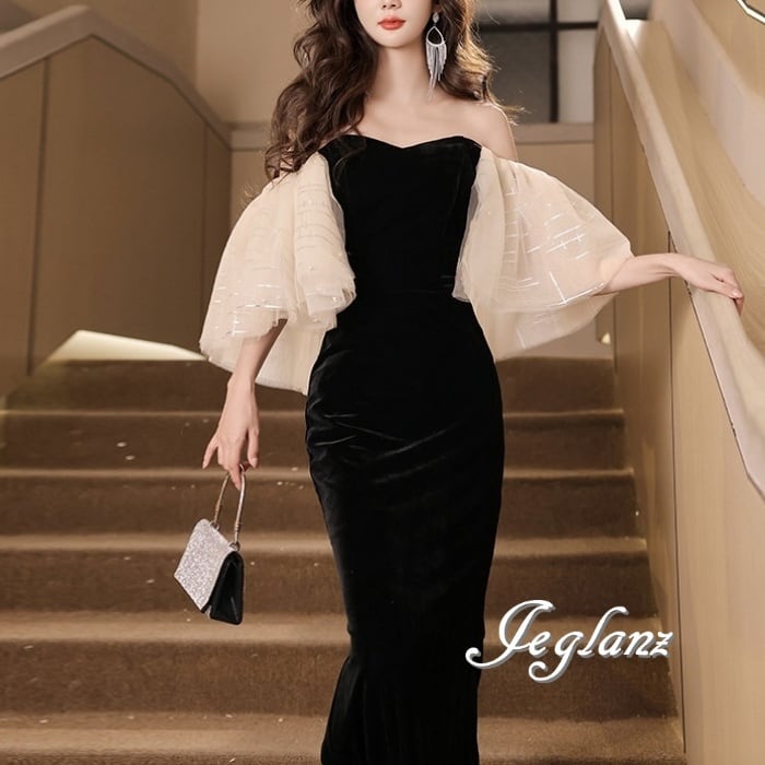 パーティ イブニングドレス ベルベット調 オフショル ファンシー(M8382)ζ