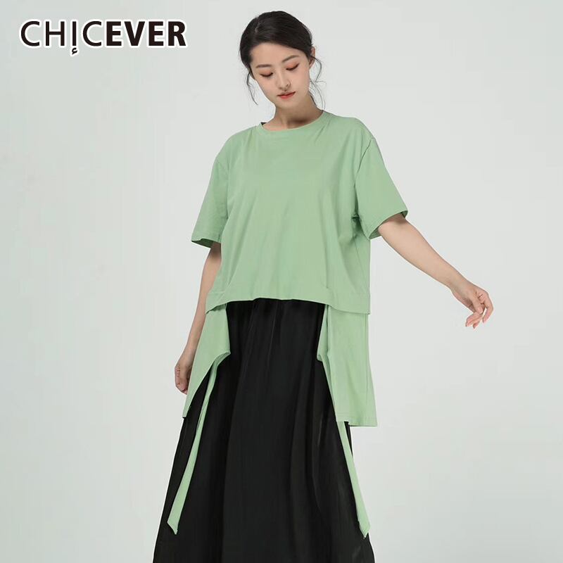 CHICEVERパッチワークホワイトTシャツレディースOネック半袖オーバーサイズイレギュラーヘムシャツ2020夏 ショート ハーフスリーブ サマー 夏物 6base596984241802