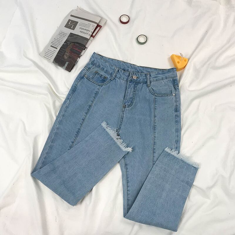 2020年秋新作ライトブルーオールマッチジーンズレディースハイウエストシンローエッジパンツストレートドレープワイドレッグパンツ ドラファッションホール43337452268