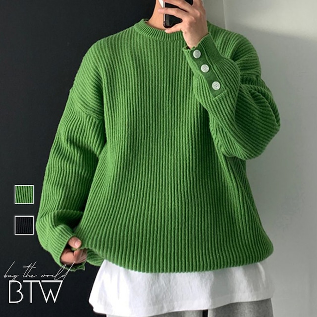 【韓国メンズファッション】カフスボタン付きリブ編みセーター シンプル カジュアル クール 大人 無地 BW2375
