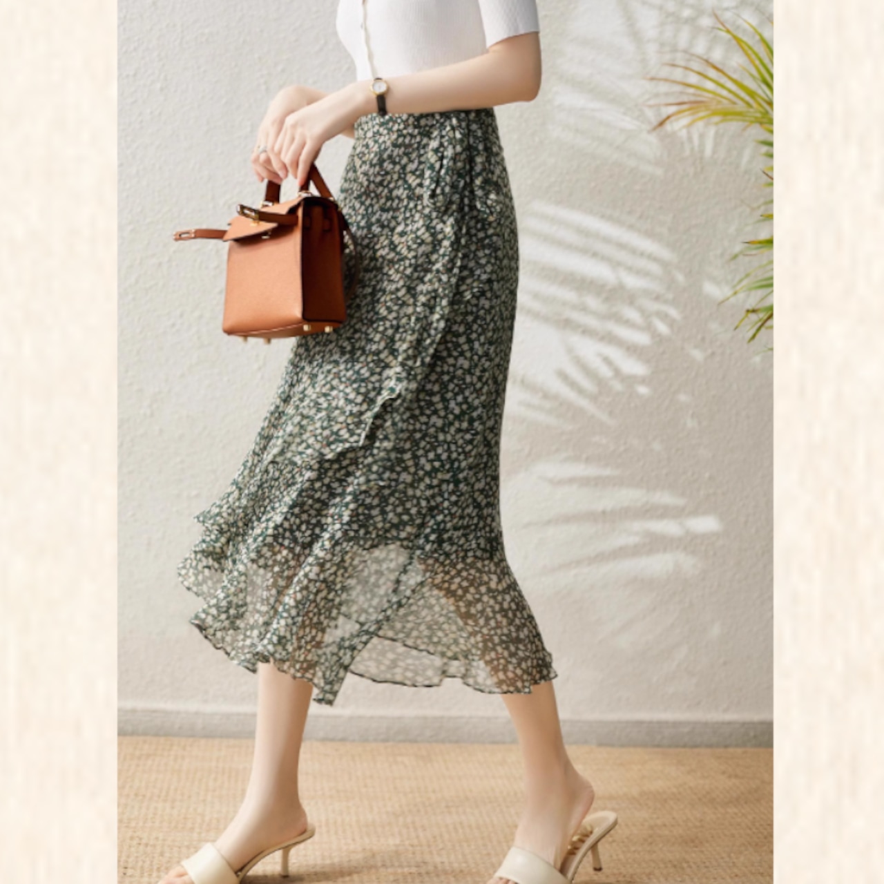 花柄ミモレ丈グリーンスカート W00886