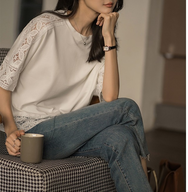 レース切替半袖Tシャツ A01287