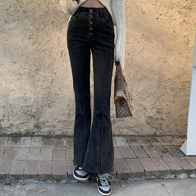 ジーンズ ハイウェストウェストスリムオータムウィンターダークパンツ レッド 秋物 冬物 ブラックストロベリース1051886254