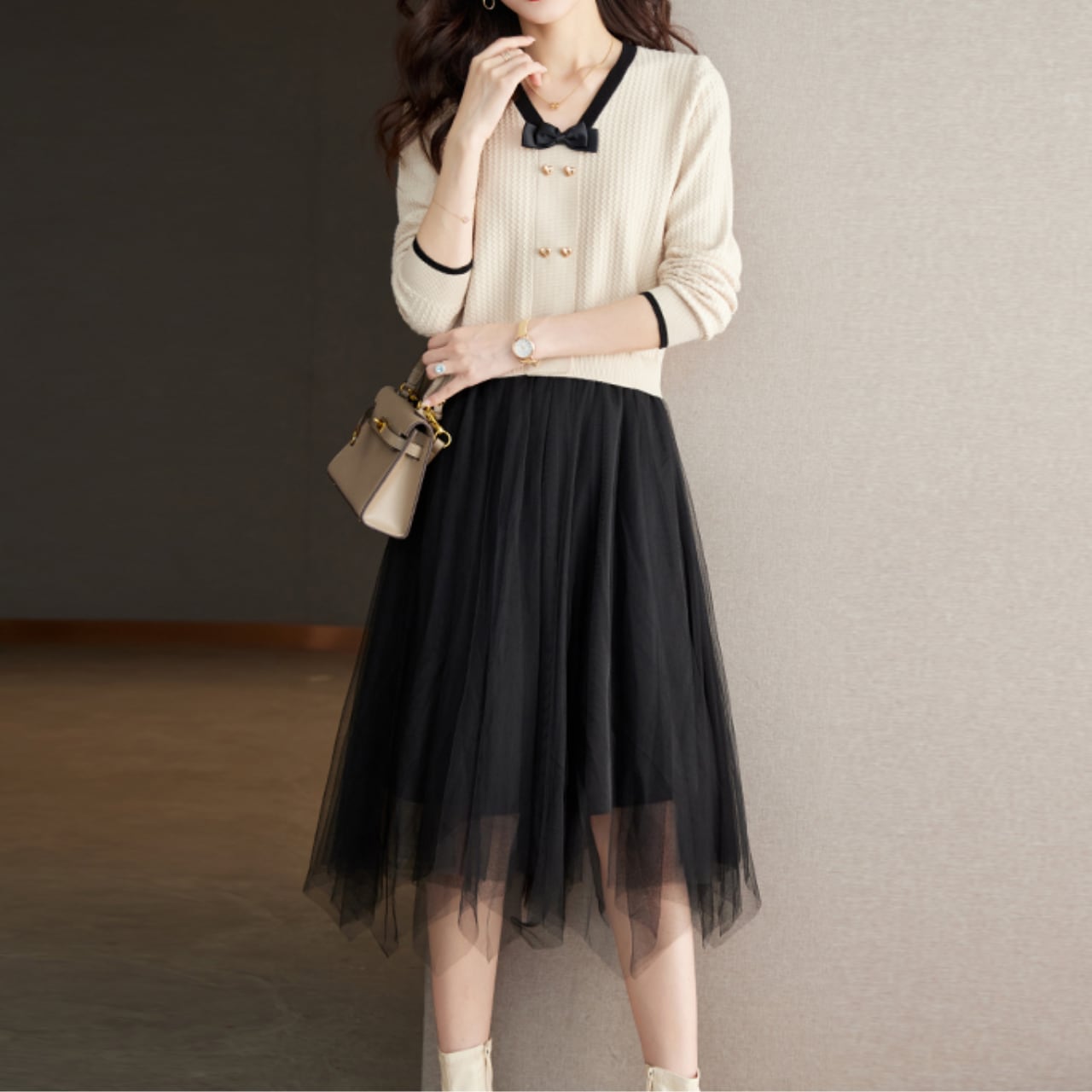 ハートボタン付きツーピース風ワンピース Me0531