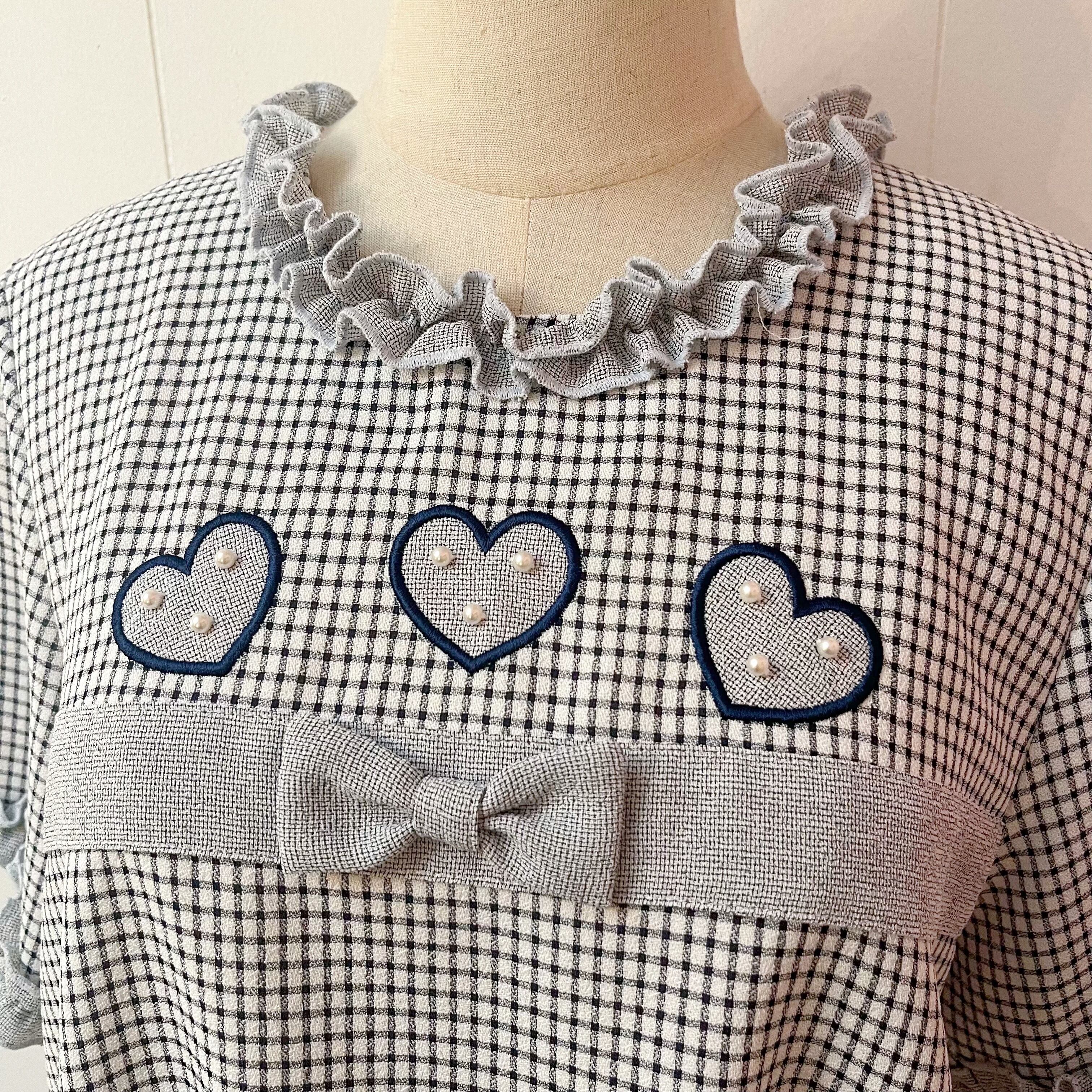 navy white check heart ribbon one-piece