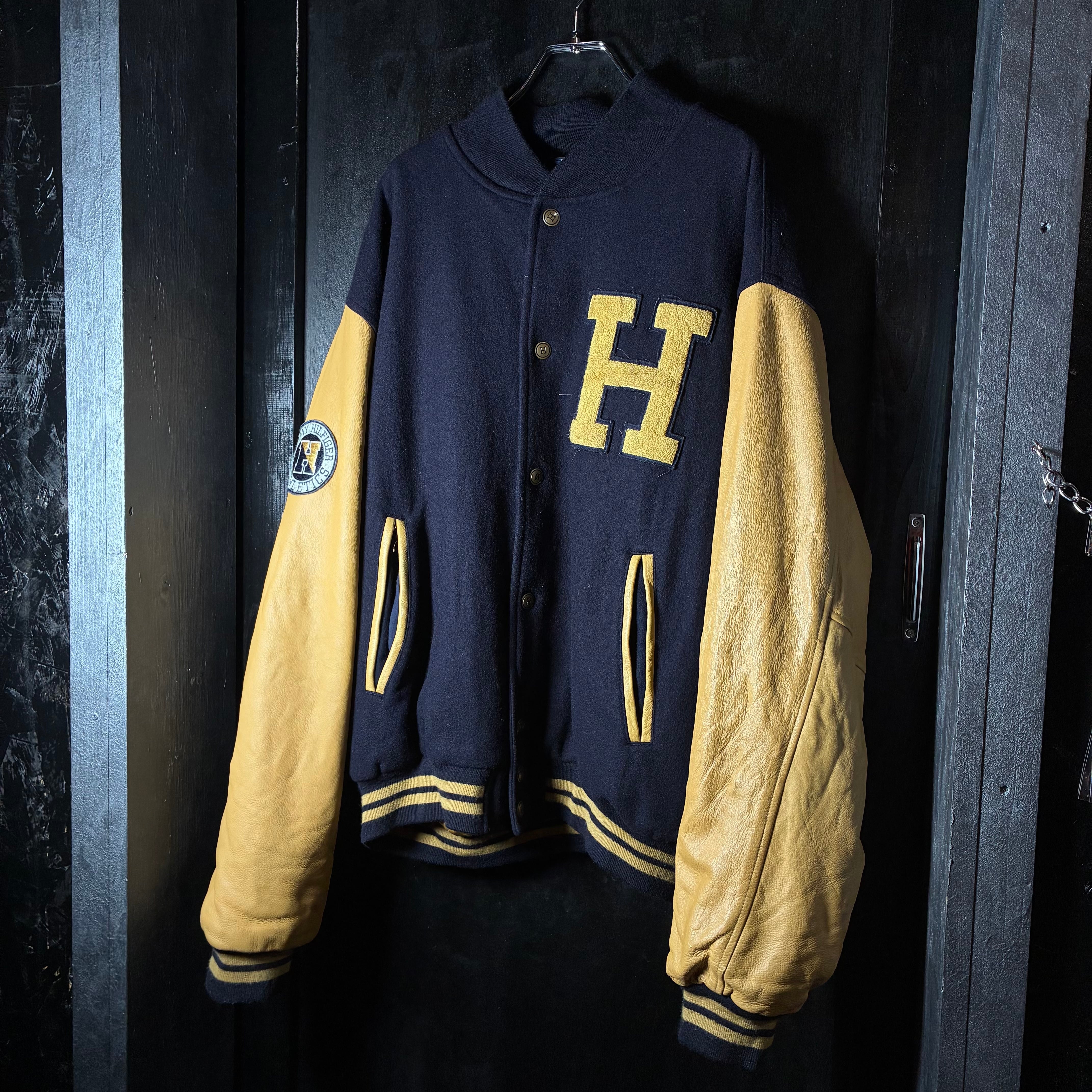 90s TOMMY HILFIGER ウール×レザー スタジャン トミー 袖皮 XL | 古着