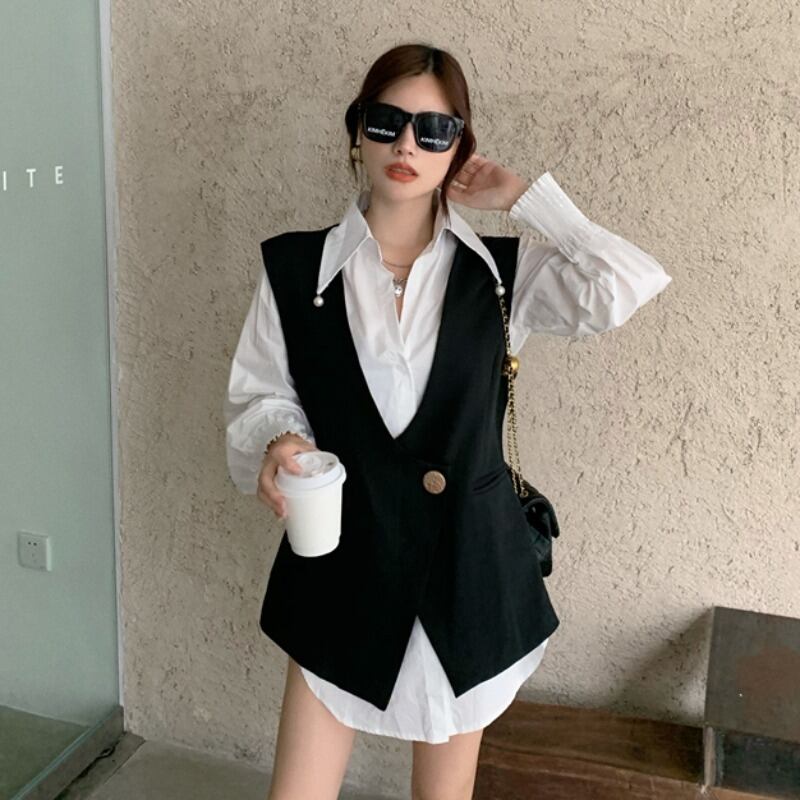 スプリングパールホワイトシャツ レディーススタンダードスタイルシングルボタン レトロ 春物 真珠 ドラファッションホール82918373658