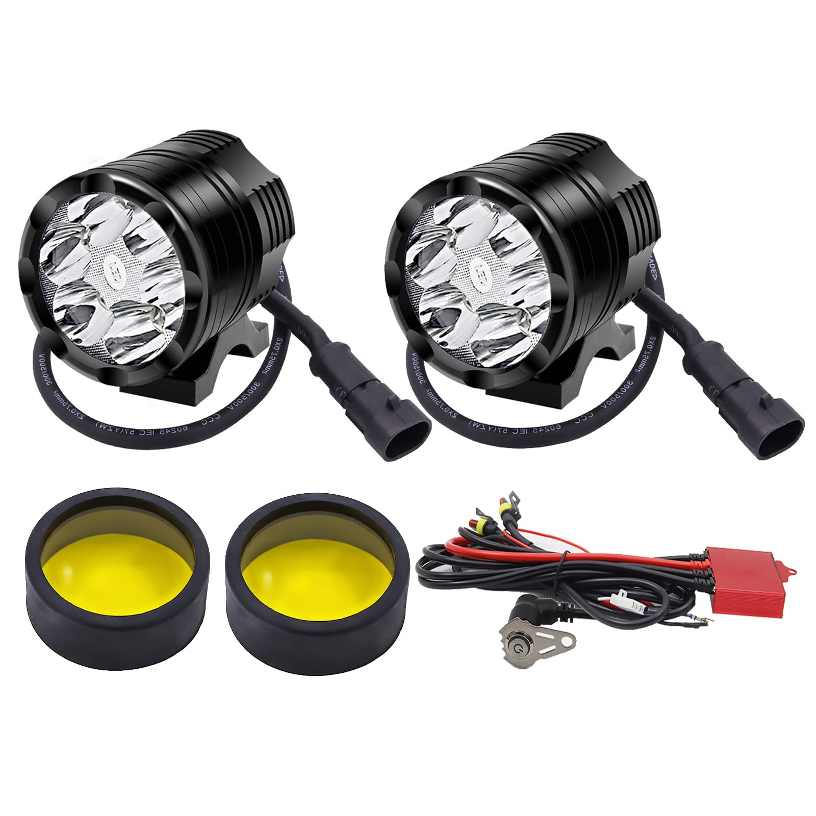 X-STYLE 60W バイク フォグランプ ハーネスキット 3つモード 常時点灯・ストロボ 2色 12V 24V led ヘッドライト 補助灯 高輝度 防水 超長寿命 ワークライト スイッチ付き 2個セット (ホワイト+黄色いレンズ)