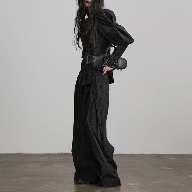 Black braided wide pants C1367