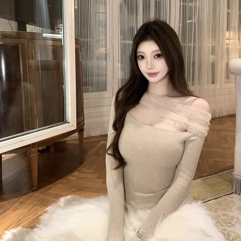 【tops】チュールドッキングニットトップス Q7952