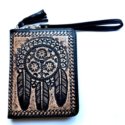 ボヘミアン BIGウォレット(ドリームキャッチャー×黒)本革 財布 手帳ケース パスポート入れ【バリ島直輸入】
