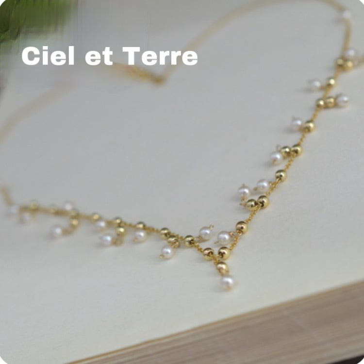 Small Pearl Necklace 14K Gold Collarbone Chain pea112-3004