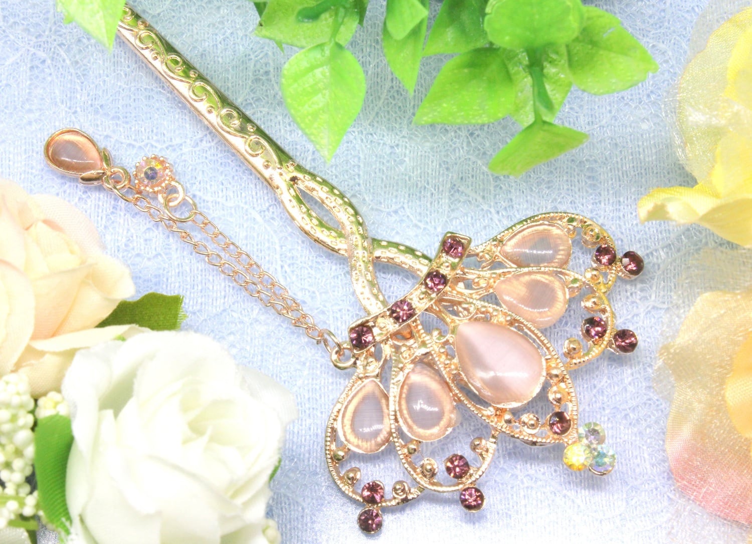 簪 かんざし　天然素材　和装小物　象嵌　簪 かんざし　アンティーク　時代物 美品 涼し気な象牙団扇かんざし2018｜杜若・八つ橋｜粋で贅沢な簪 | べっ甲