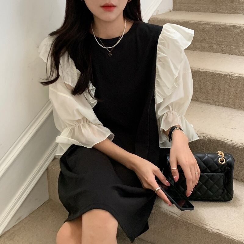 スリーブカラードレス サマーショートブラックラウンドネックAラインスカート 夏物 Oネック ビッグFスモールZ韓国24159665097