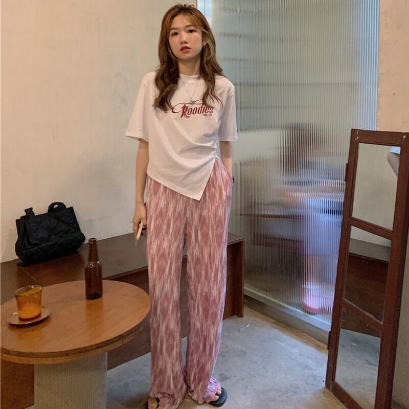 サマープリントアシンメトリーTシャツ カジュアルハイウェストパンツ レディース 夏物 YY-ファッション93692969124