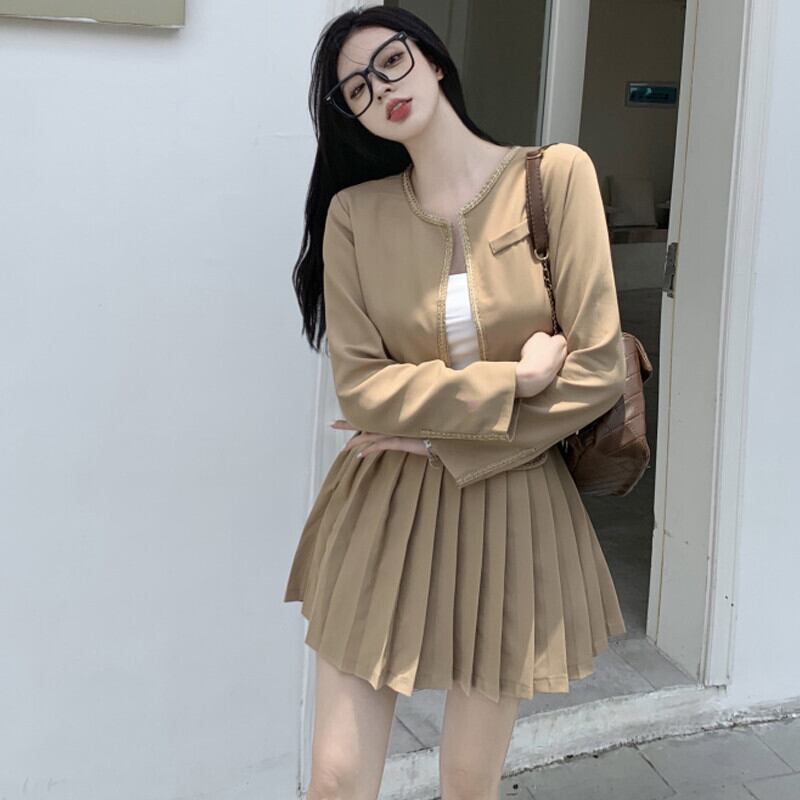 オータムショートジャケット ホワイトハイウェストウェストプリーツスカート ストリート 秋物 ガールズファッション34140556748