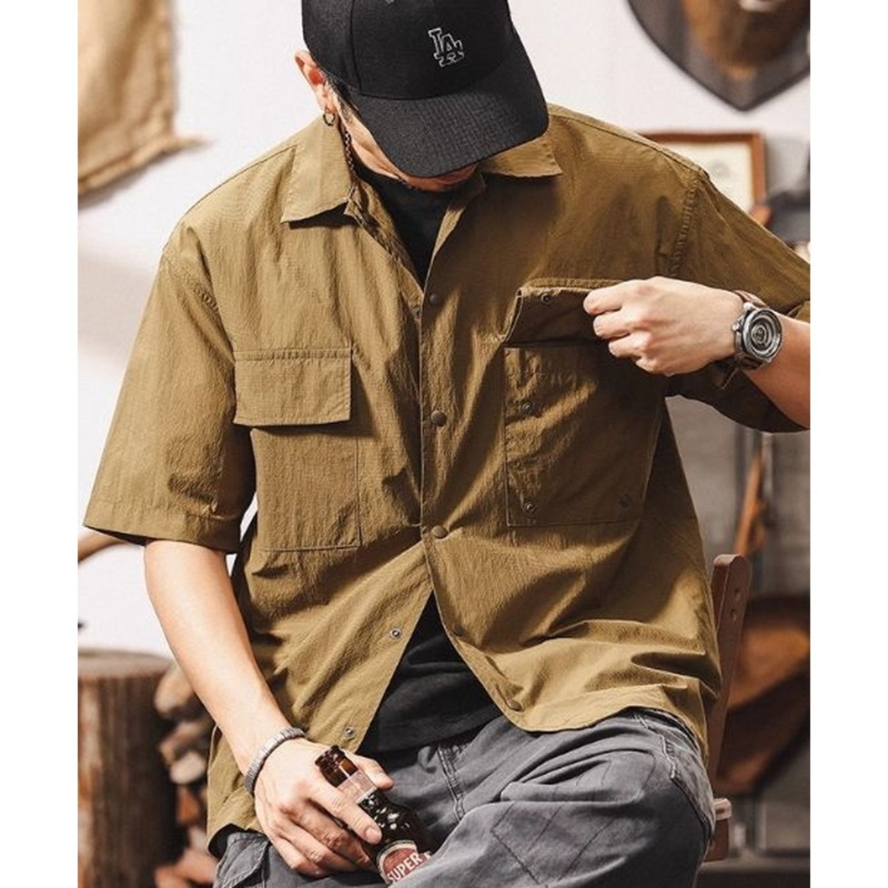 Patch Pocket Short Sleeve Open Collar Shirt ◇H0576