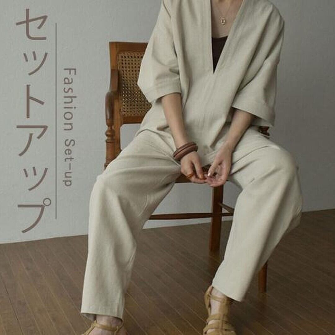 上下セット レディーストップス パンツ セットアップ 体型カバー ゆるシルエット シンプル