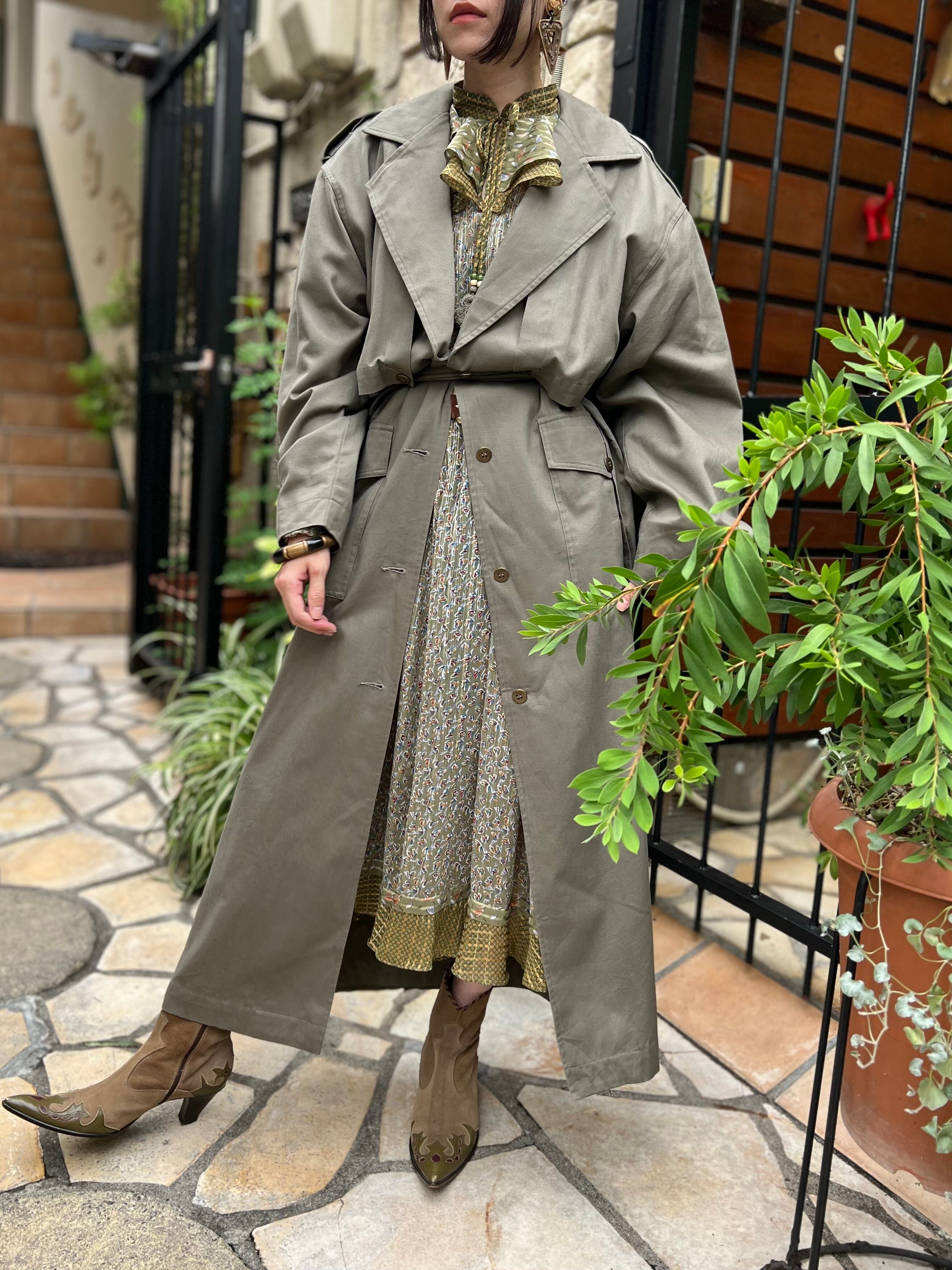 Vintage khaki grey × leather design trench coat ( ヴィンテージ 