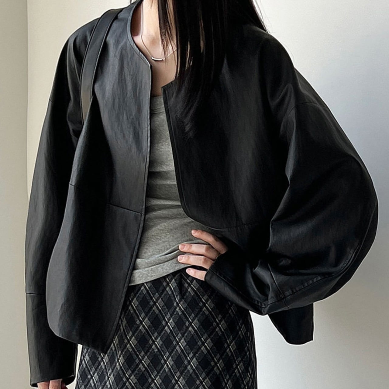 ノーカラー フェイクレザー ジャケット 10009