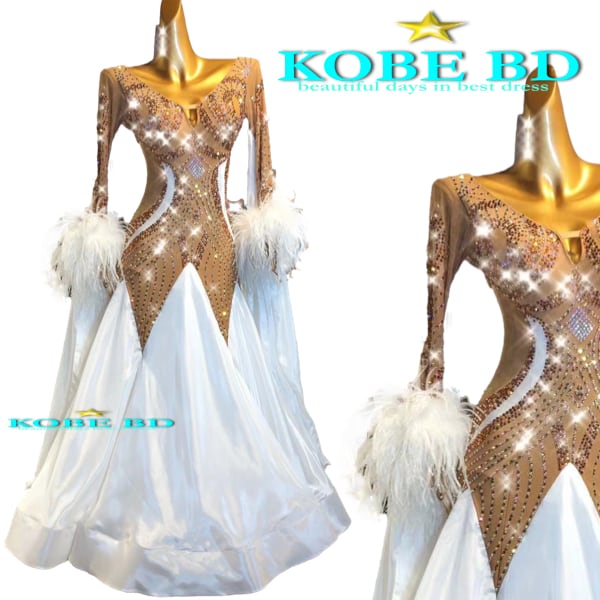 社交ダンスドレス スタンダードドレス⭐️コッパーゴールド&ピュアホワイト【商品番号 AI- 23110】