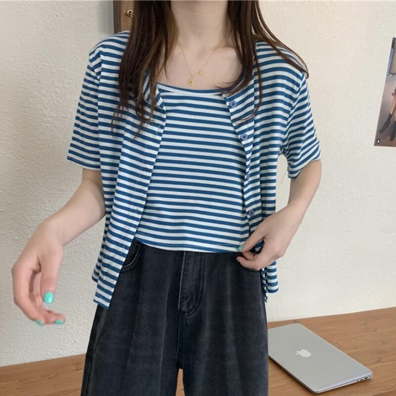 レディースサマーショートカーディガンストライプ 夏物 ハンチェンe9137330306