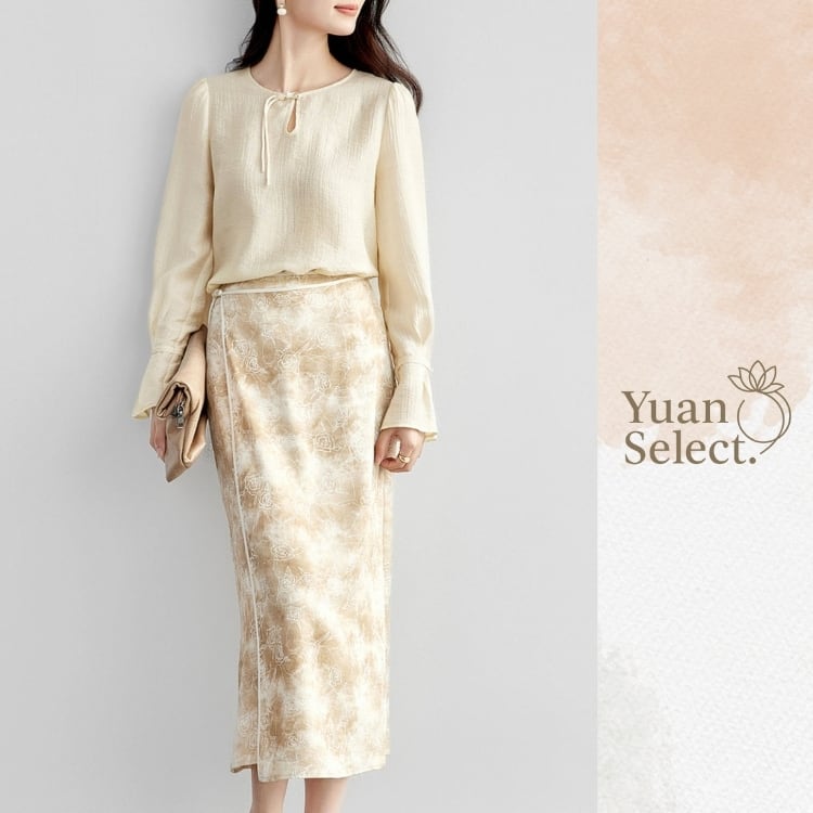 チャイナボタンブラウス×ぼかし花柄スカート セットアップ YS00255