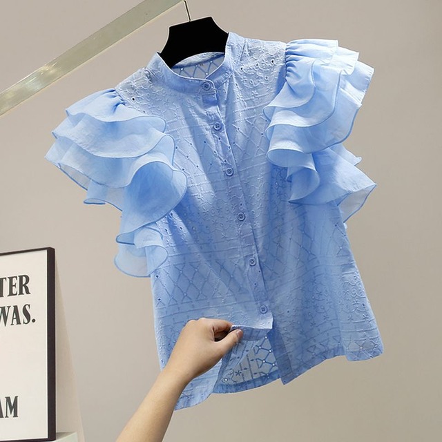 刺繍レースシフォンフリルシャツ SU1289