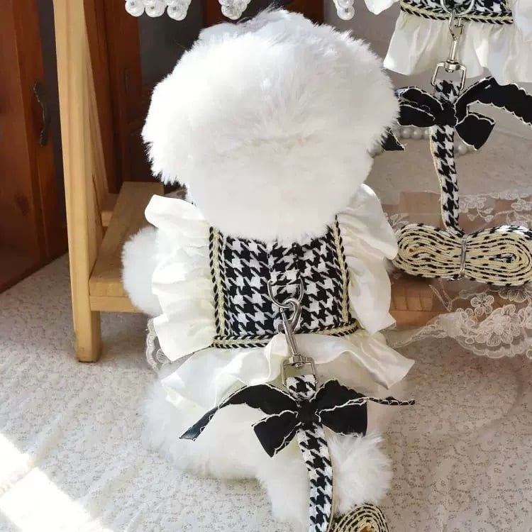 千鳥格子柄フリルハーネス&リードセット 00216