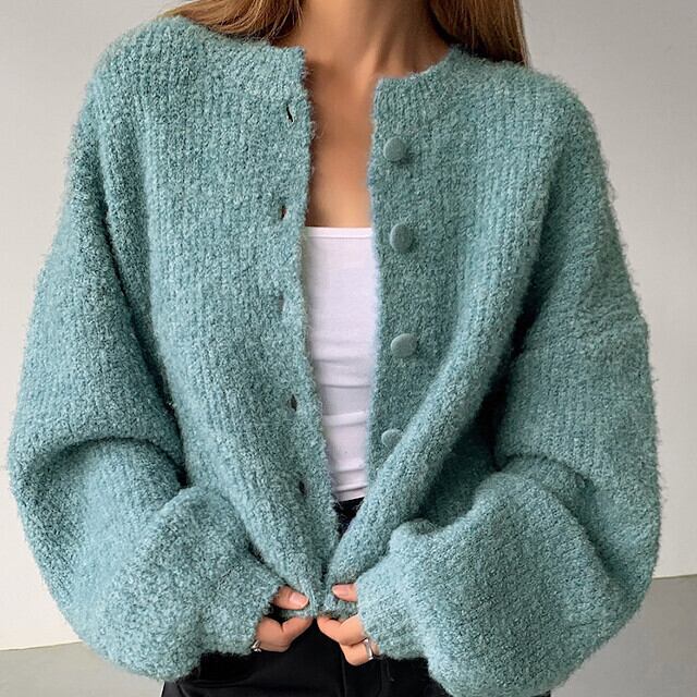 カーディガン ニットカーデ レディース トップス 秋冬 ボリュームスリーブ あったかい ウール 羊毛 かわいい シンプル おしゃれ 長袖 モコモコ グレー/グリーン S/M/L