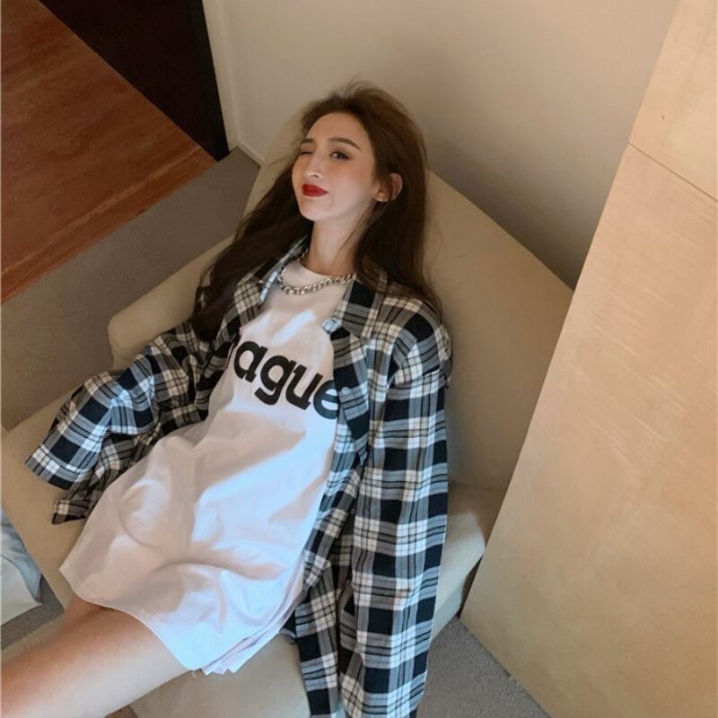 薄い緩い黒と白の格子縞のシャツの女性の夏のポロ長袖ミドル丈シャツ2020新しいオールマッチトップ ブラックストロベリース31799654674