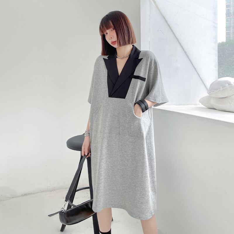 グレーカジュアルドレス サマーカラールーズ薄手ロングTシャツ スカート 夏物 ラブタオタオダレンハウス87912437703