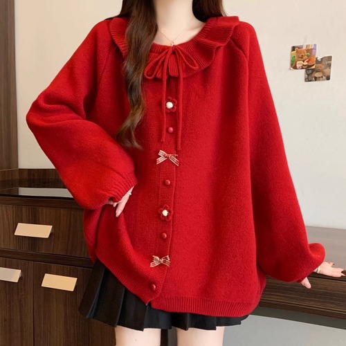 リボンフリルカラービッグニットカーデ ・74103