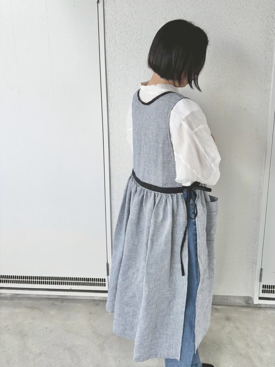 リボンエプロンワンピース ギンガムチェック リネン カシュクール