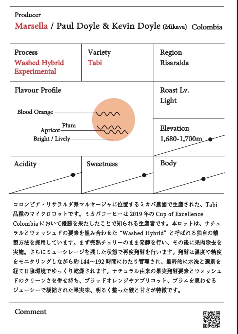 Marsella Tabi Hybrid Washed Experimental - Colombia 【100g】