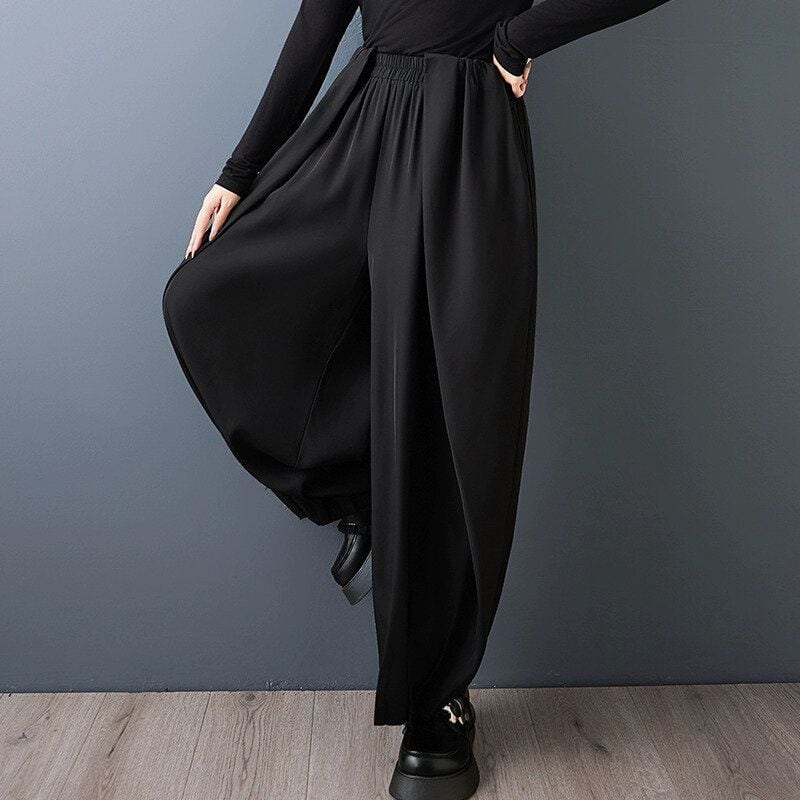 BLACK ELASTIC WAIST DESIGN PLEATS LANTERN PANTS 1color M-15184
