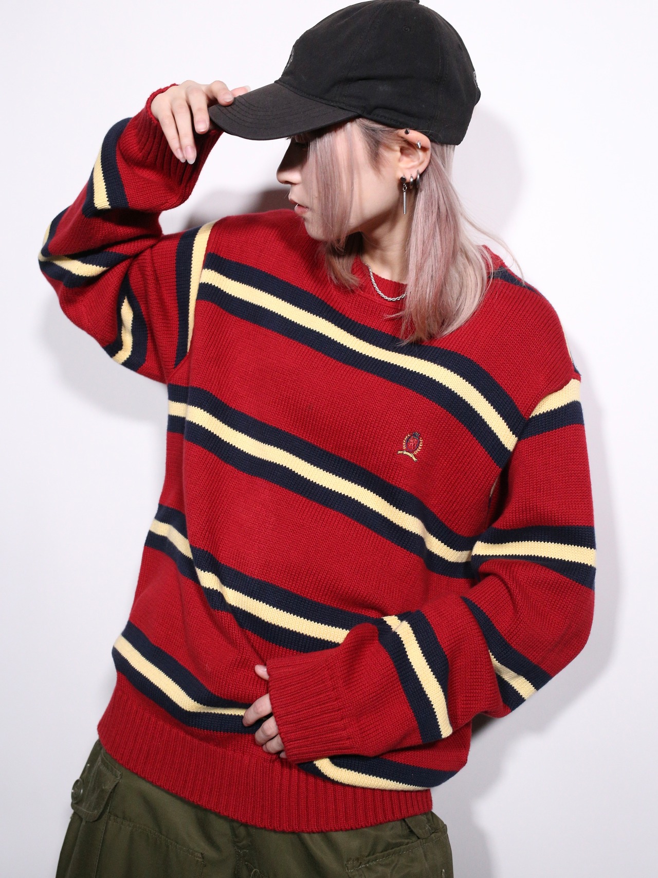 "TOMMY HILFIGER" good coloring border cotton knit - 3