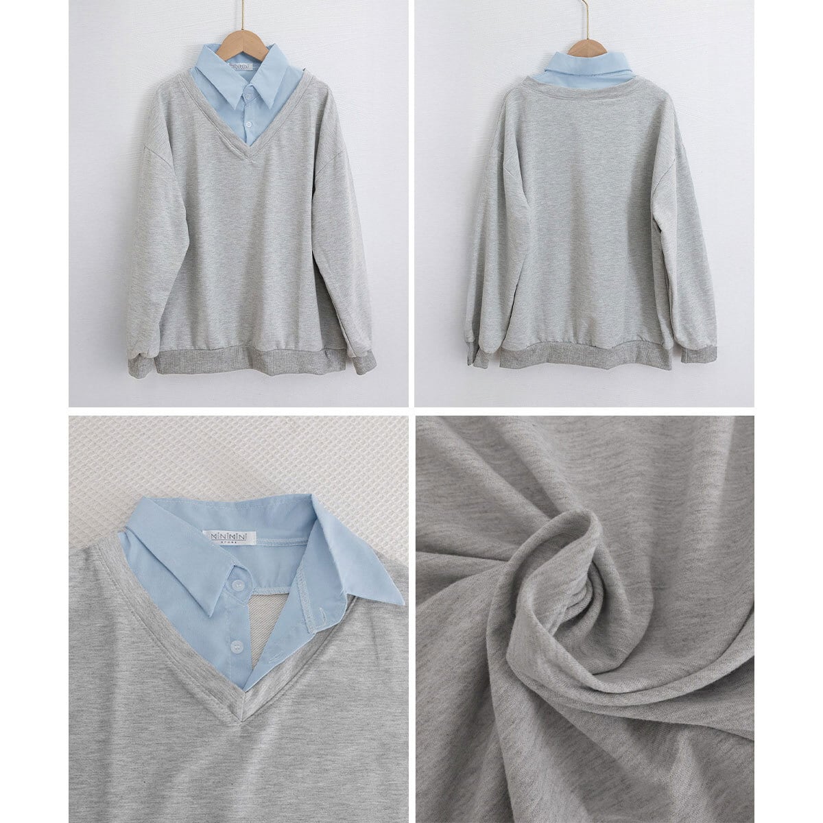 シャツ襟切り替え スウェット トップス レディース 春秋 韓国 レイヤード風 きれいめ 大人 カジュアル おしゃれ 重ね着 Vネック プルオーバー 大人可愛い 大人女子