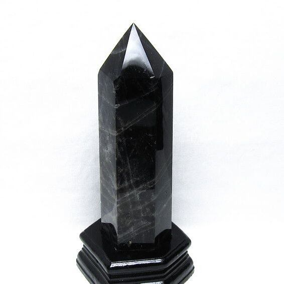 1.1Kg モリオン 六角柱 黒水晶 ポイント 置物 一点物 台座付属 152-4298