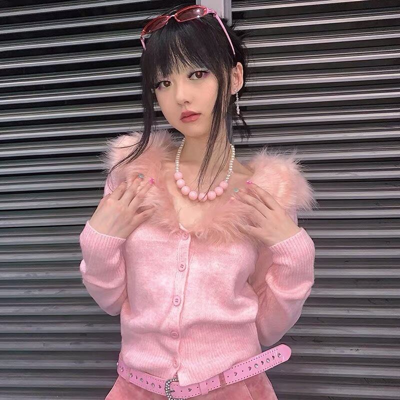 ピンクファーカーディガン　ルチカ LACーVERT カーディガン パールパイピング シャギーファーカーディガン