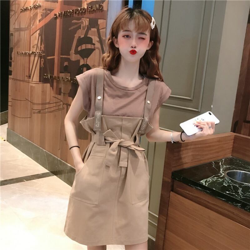 夏の女性の新しい自己栽培オールマッチ半袖T無地ストラップドレス、小さくて背の高い、ツーピーススーツ 1号婦人69537566404