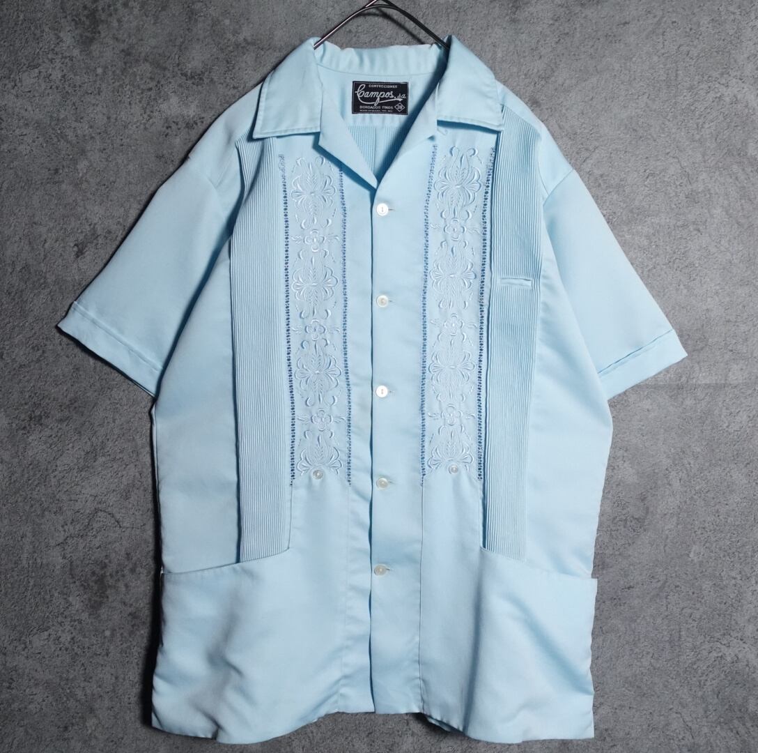 70s Light blue embroidery Cuban shirt