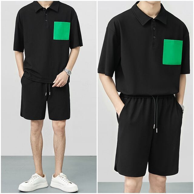 【予約販売】メンズ セットアップ シンプル 半袖 ポロシャツ ハーフパンツ ポケット ブラック/ホワイト/グリーン スエット カジュアル 部屋着 カジュアル パンツ セット ジャージ ジム スポーティー ダンス ジム 韓国 トレンド 大きいサイズ M/L/XL/2XL/3XL