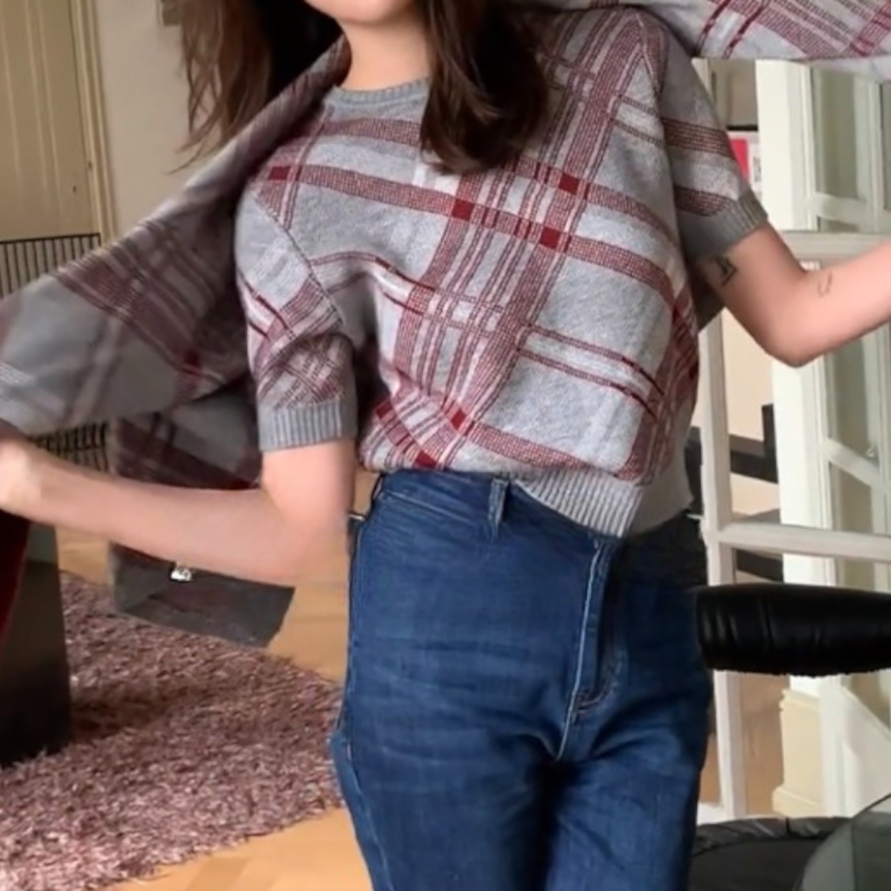 チェック柄ニットカーディガン&半袖ニットのセットアップ W01040